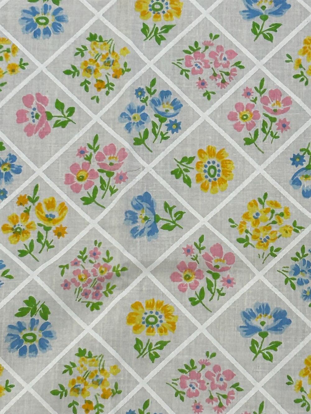 Vintage Full Twin Sheet Floral Diamond Print Pink Blue Yellow Cottagecore
